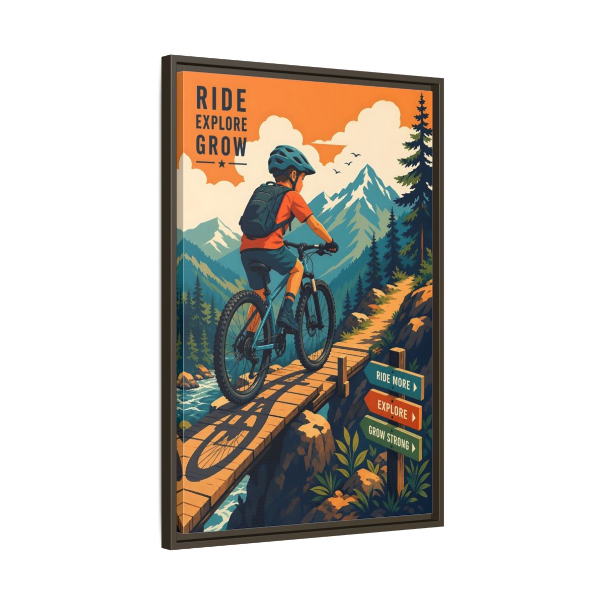 Side Mockup 11. Nature Mountain Biker Orange Blue Mountain Biking shown as framed canvas print