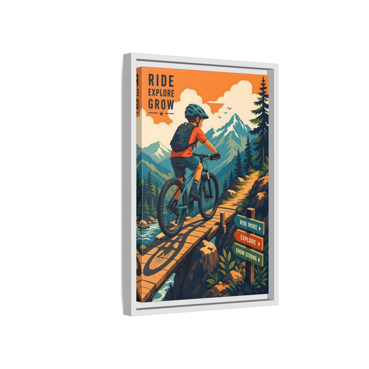 Side Mockup 4. Nature Mountain Biker Orange Blue Mountain Biking shown as framed canvas print