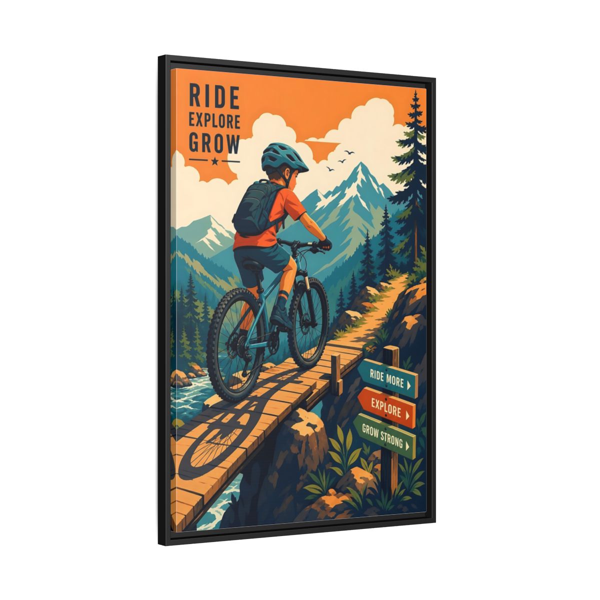 Side Mockup 13. Nature Mountain Biker Orange Blue Mountain Biking shown as framed canvas print