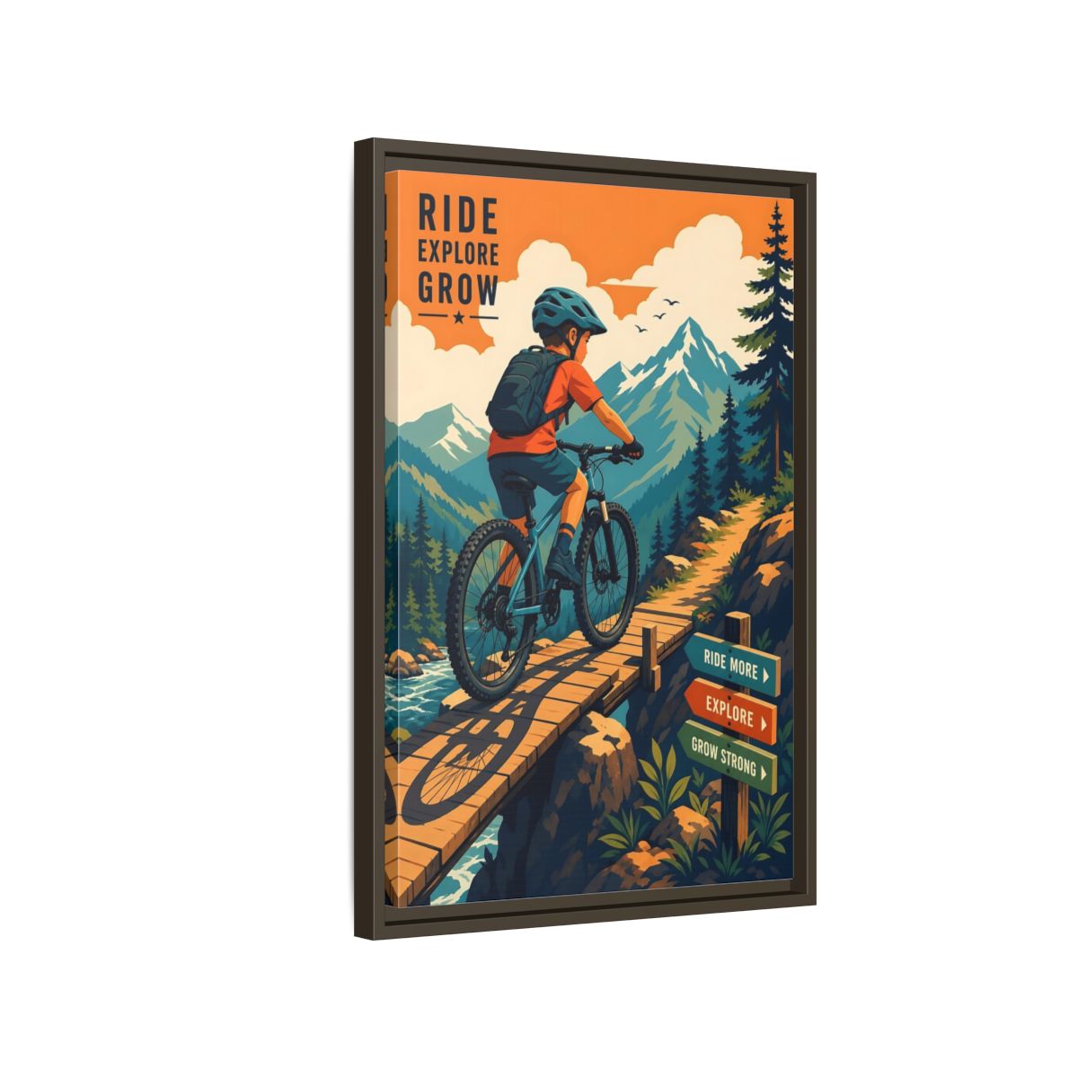 Side Mockup 2. Nature Mountain Biker Orange Blue Mountain Biking shown as framed canvas print
