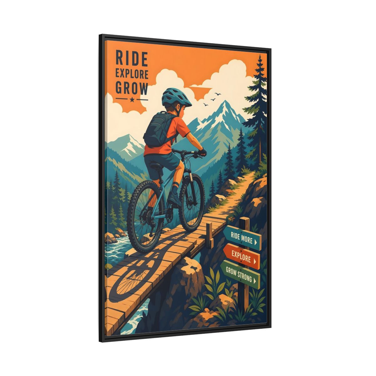 Side Mockup 12. Nature Mountain Biker Orange Blue Mountain Biking shown as framed canvas print