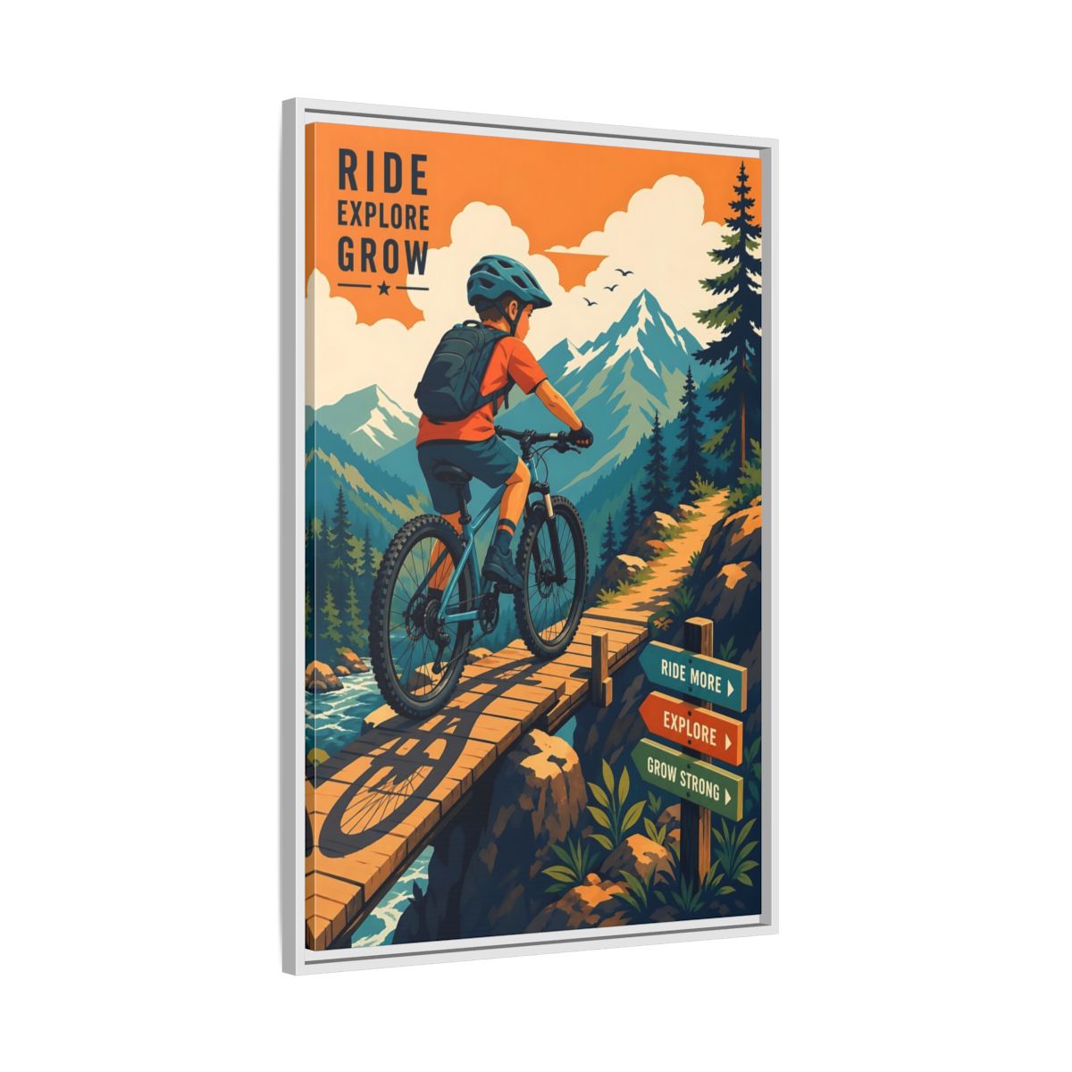 Side Mockup 9. Nature Mountain Biker Orange Blue Mountain Biking shown as framed canvas print
