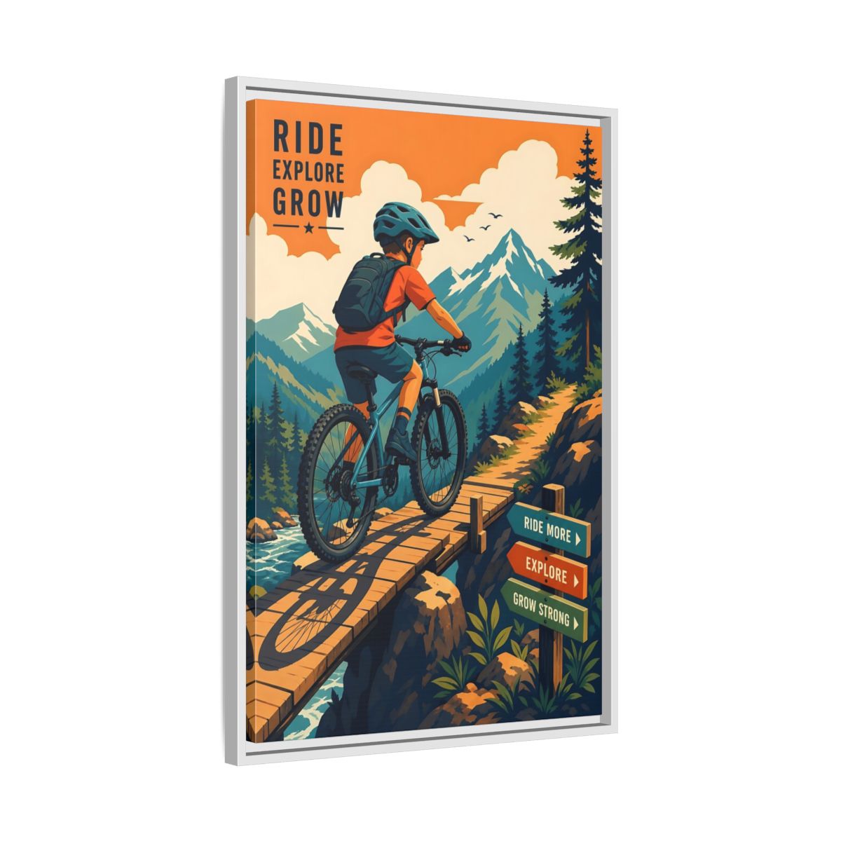 Side Mockup 10. Nature Mountain Biker Orange Blue Mountain Biking shown as framed canvas print