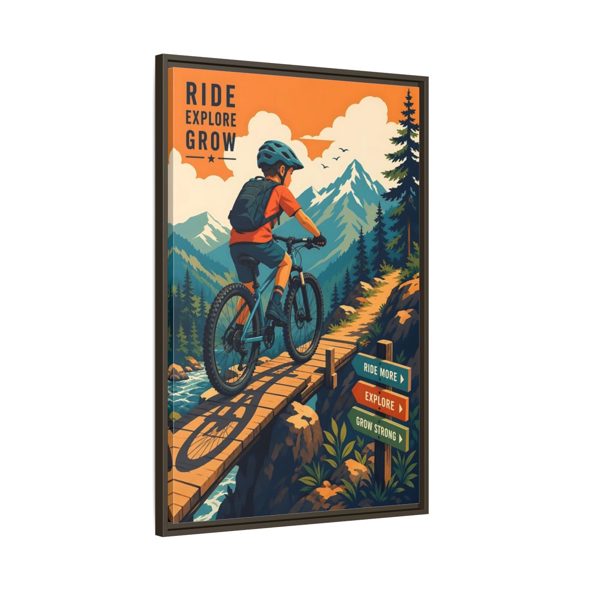 Main Mockup. Nature Mountain Biker Orange Blue Mountain Biking shown as framed canvas print