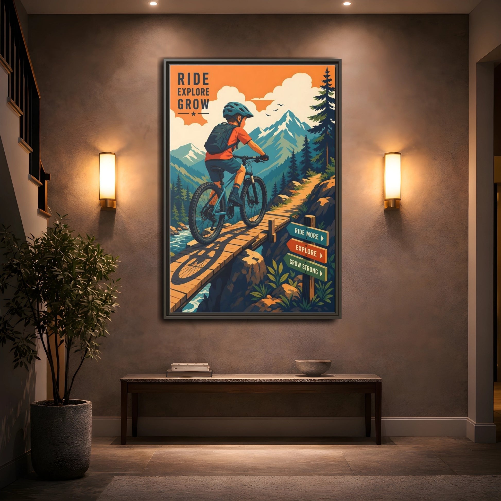 Mockup 2. Nature Mountain Biker Orange Blue Mountain Biking shown as framed canvas print