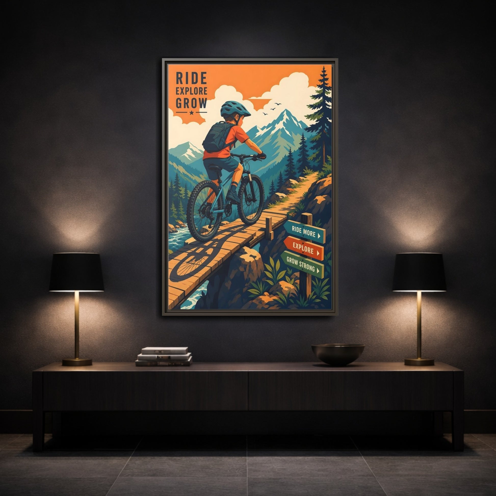 Mockup 3. Nature Mountain Biker Orange Blue Mountain Biking shown as framed canvas print