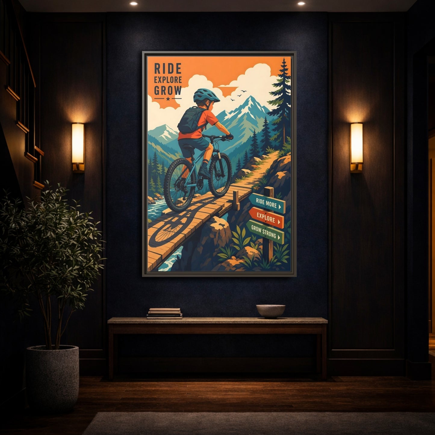 Mockup 4. Nature Mountain Biker Orange Blue Mountain Biking shown as framed canvas print