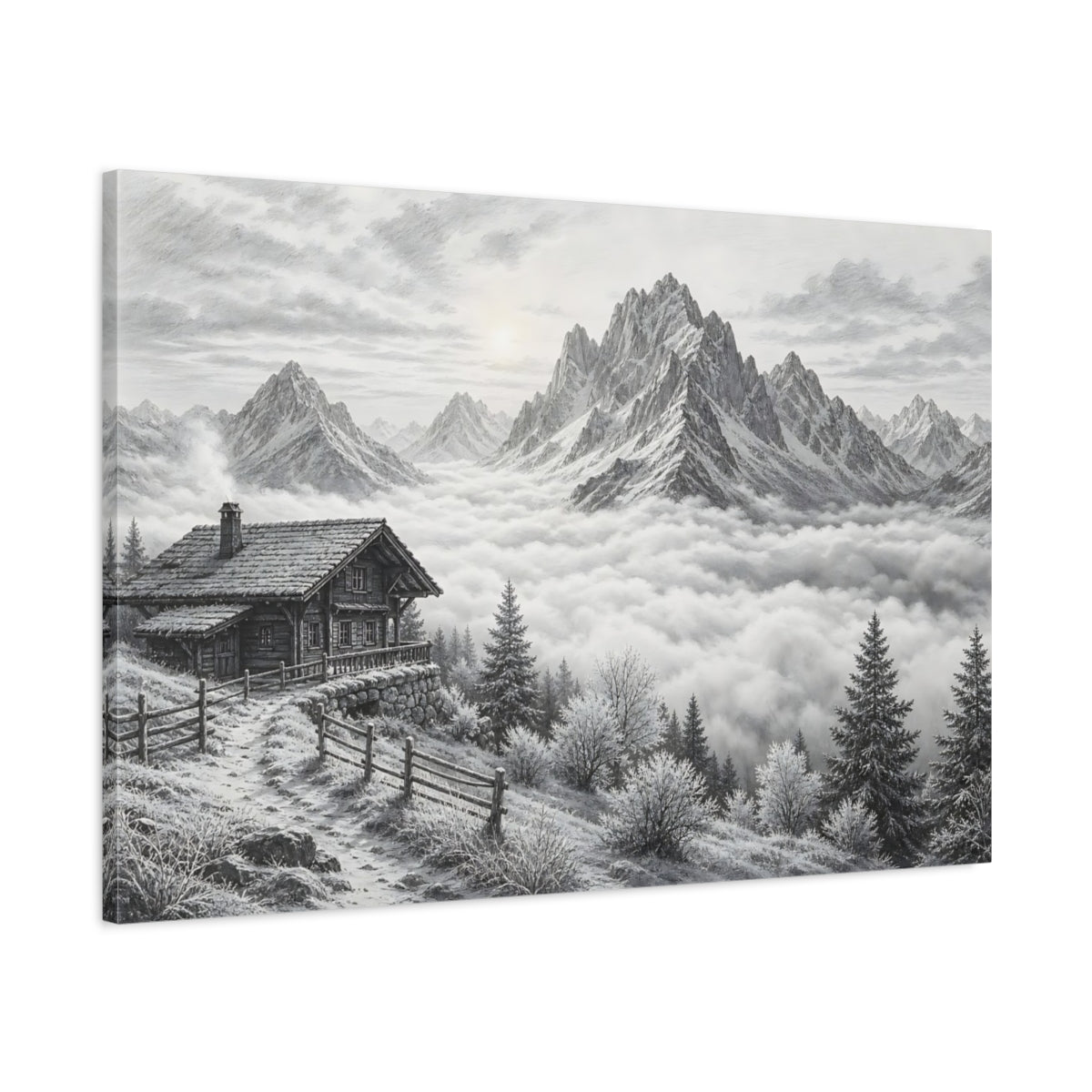 Main Mockup. Nature Mountain Cabin Black And White shown as stretched canvas wall art