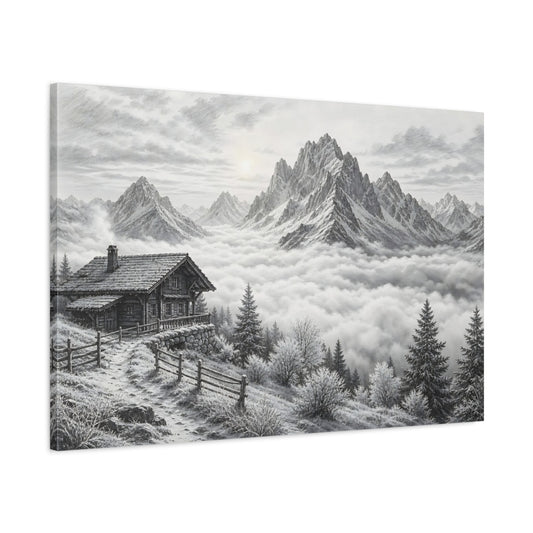 Main Mockup. Nature Mountain Cabin Black And White shown as stretched canvas wall art