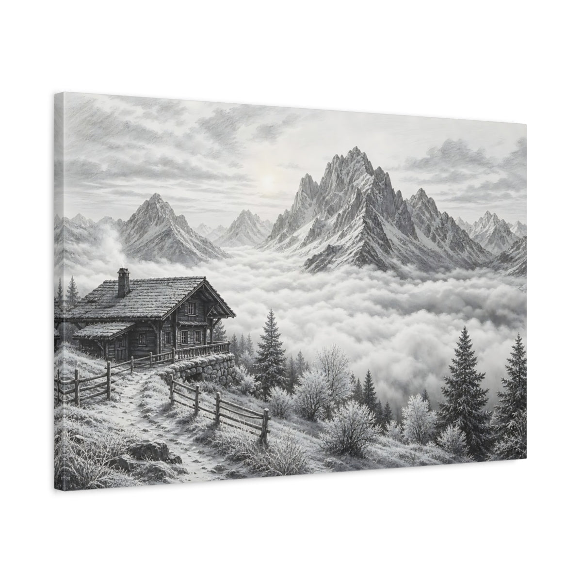 Side Mockup 2. Nature Mountain Cabin Black And White shown as stretched canvas wall art