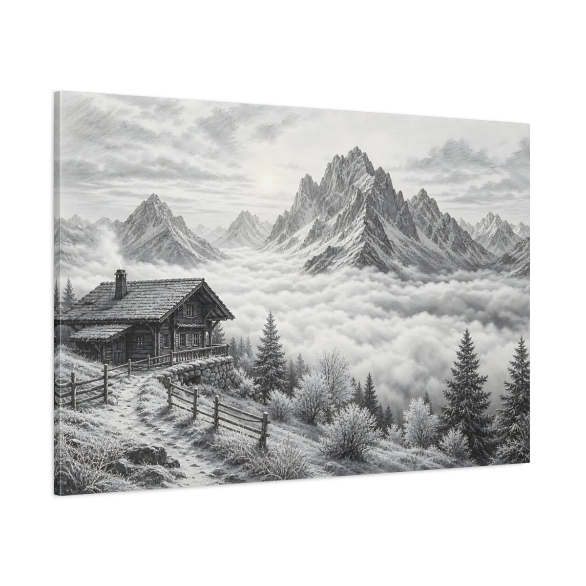 Side Mockup 1. Nature Mountain Cabin Black And White shown as stretched canvas wall art