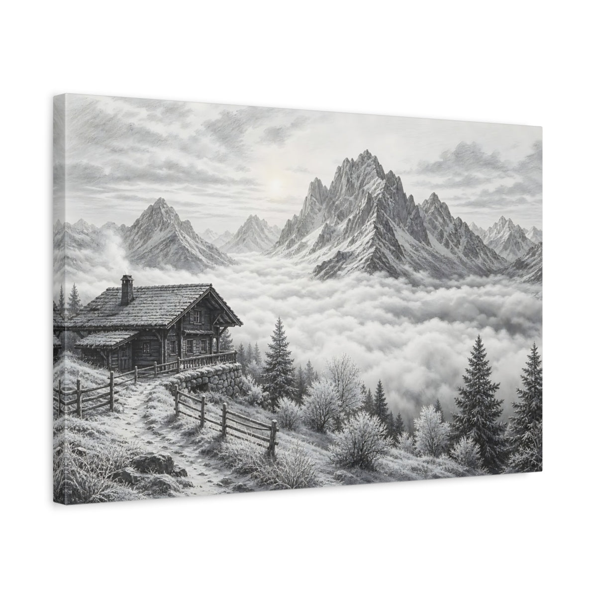 Side Mockup 3. Nature Mountain Cabin Black And White shown as stretched canvas wall art