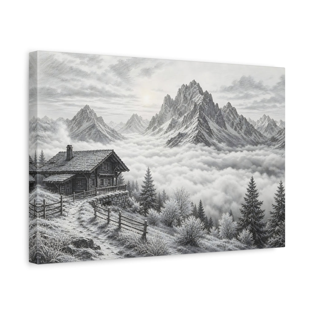 Side Mockup 4. Nature Mountain Cabin Black And White shown as stretched canvas wall art