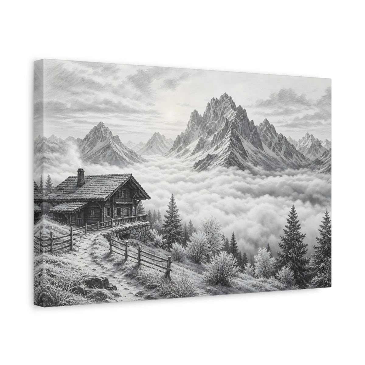 Side Mockup 4. Nature Mountain Cabin Black And White shown as stretched canvas wall art