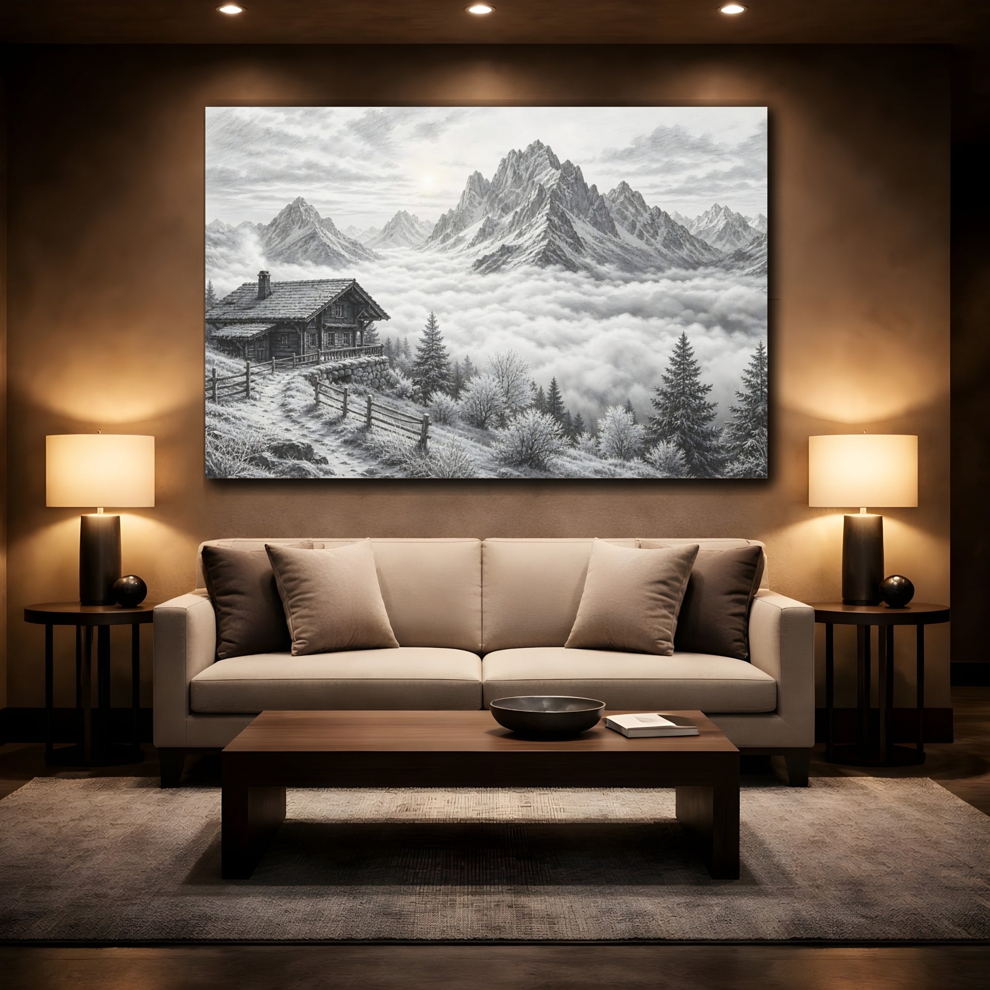Mockup 2. Nature Mountain Cabin Black And White shown as stretched canvas wall art