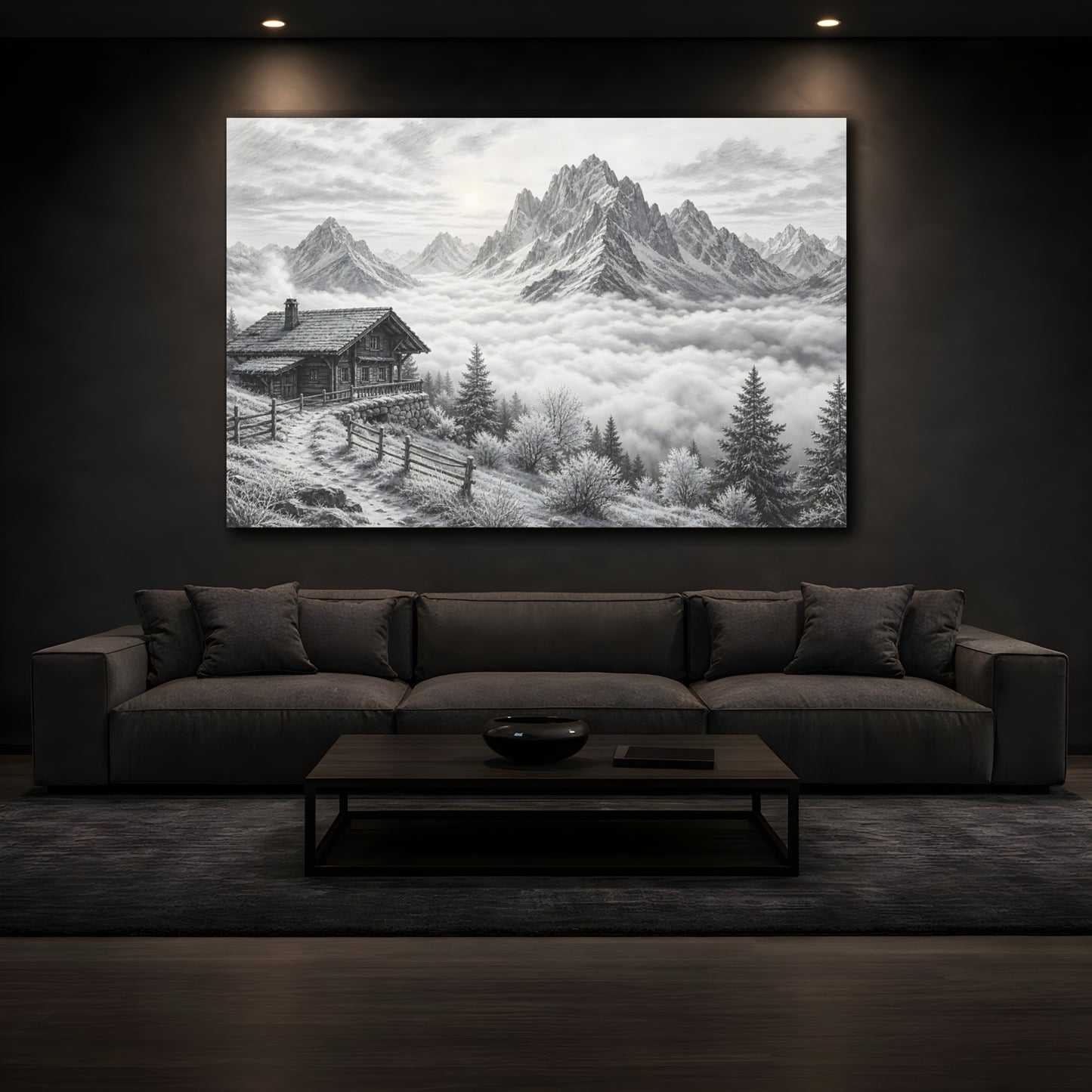 Mockup 3. Nature Mountain Cabin Black And White shown as stretched canvas wall art