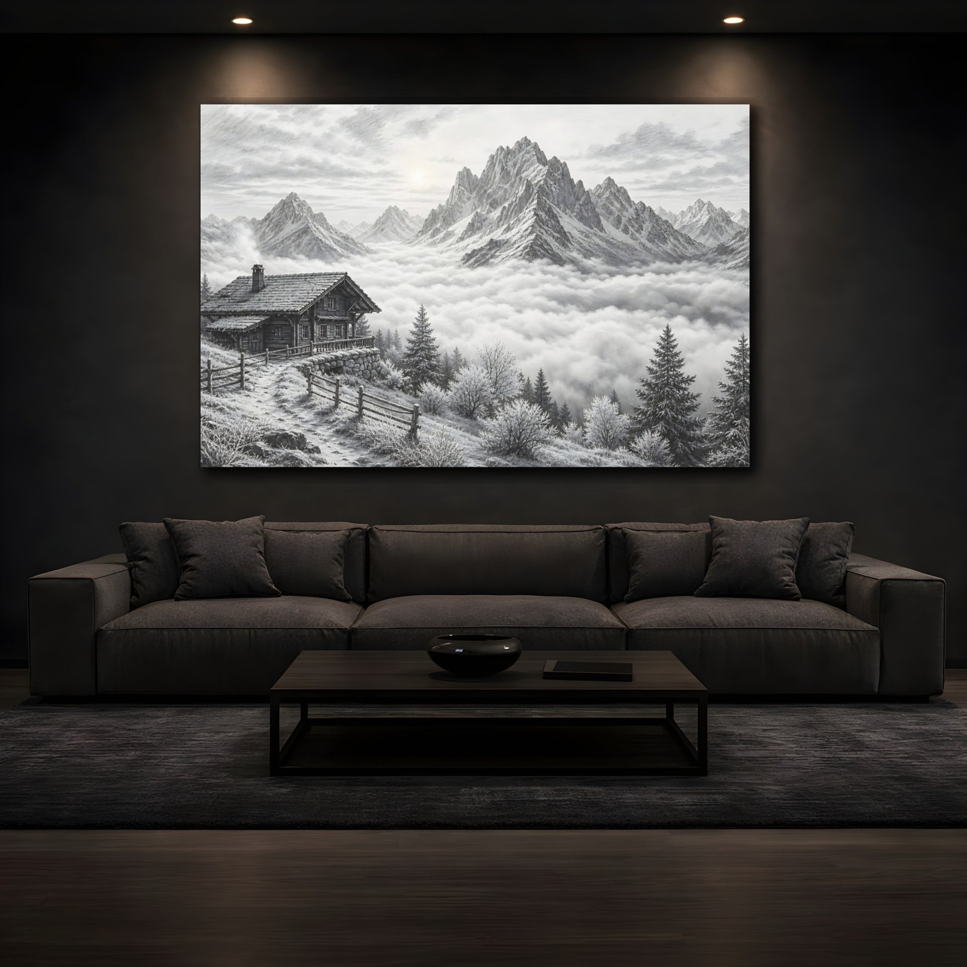Mockup 3. Nature Mountain Cabin Black And White shown as stretched canvas wall art