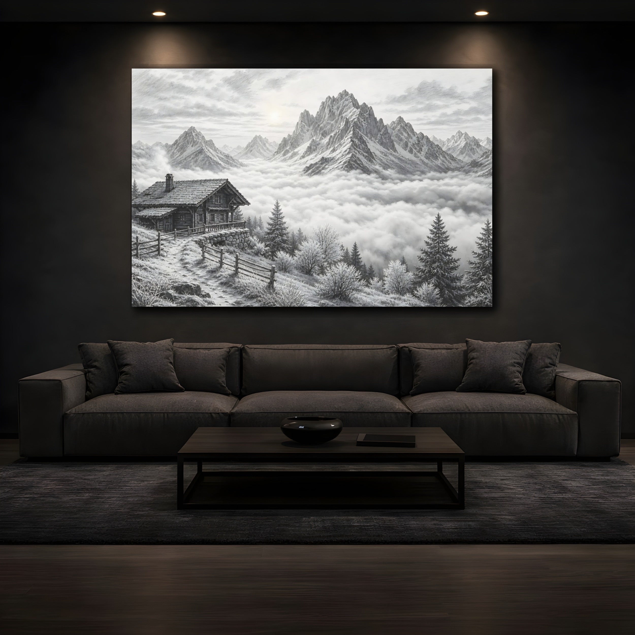 Mockup 3. Nature Mountain Cabin Black And White shown as stretched canvas wall art