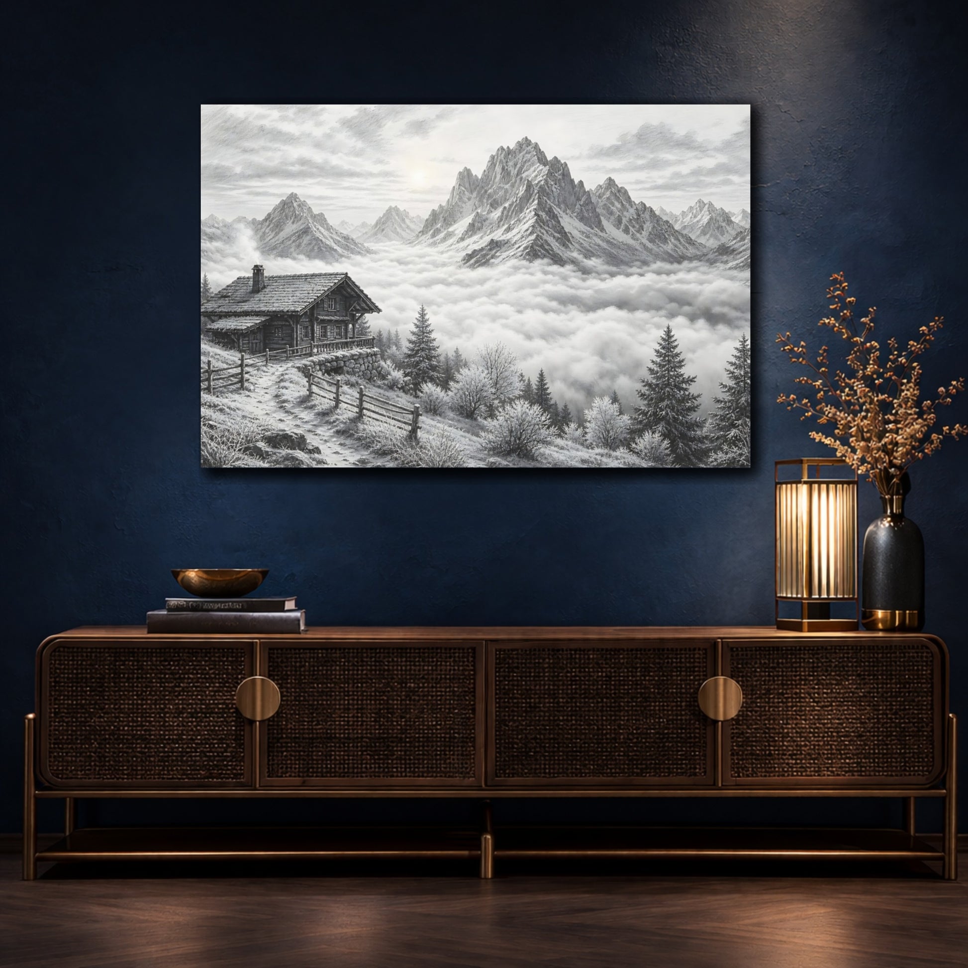 Mockup 4. Nature Mountain Cabin Black And White shown as stretched canvas wall art