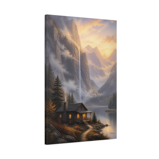 Main Mockup. Nature Mountain Cabin Golden Hour Landscape shown as stretched canvas wall art