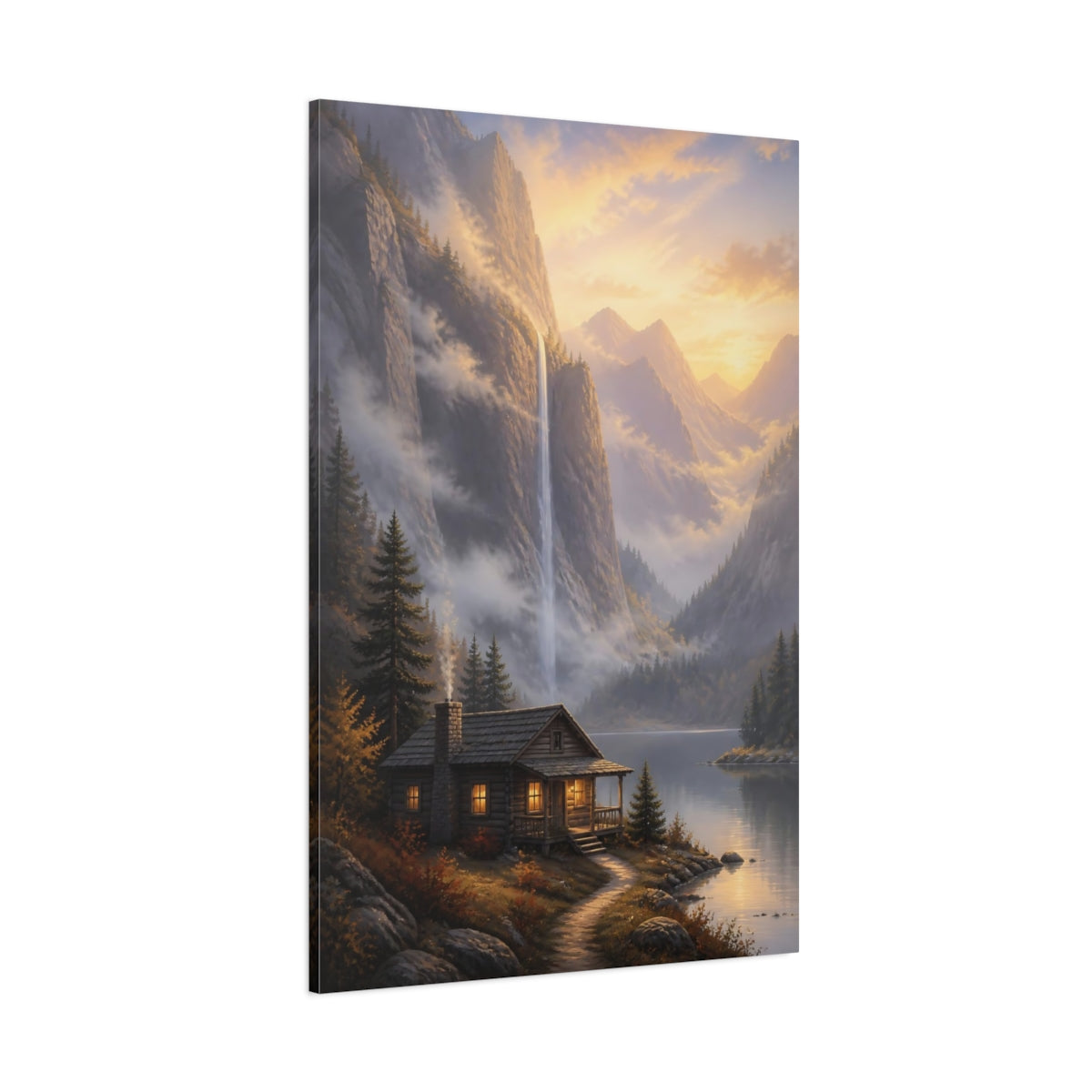 Side Mockup 1. Nature Mountain Cabin Golden Hour Landscape shown as stretched canvas wall art