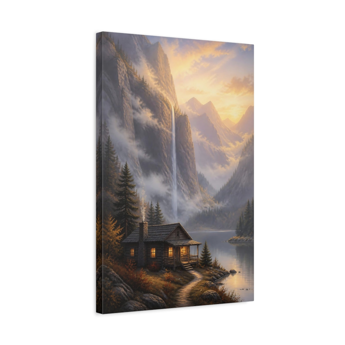 Side Mockup 3. Nature Mountain Cabin Golden Hour Landscape shown as stretched canvas wall art