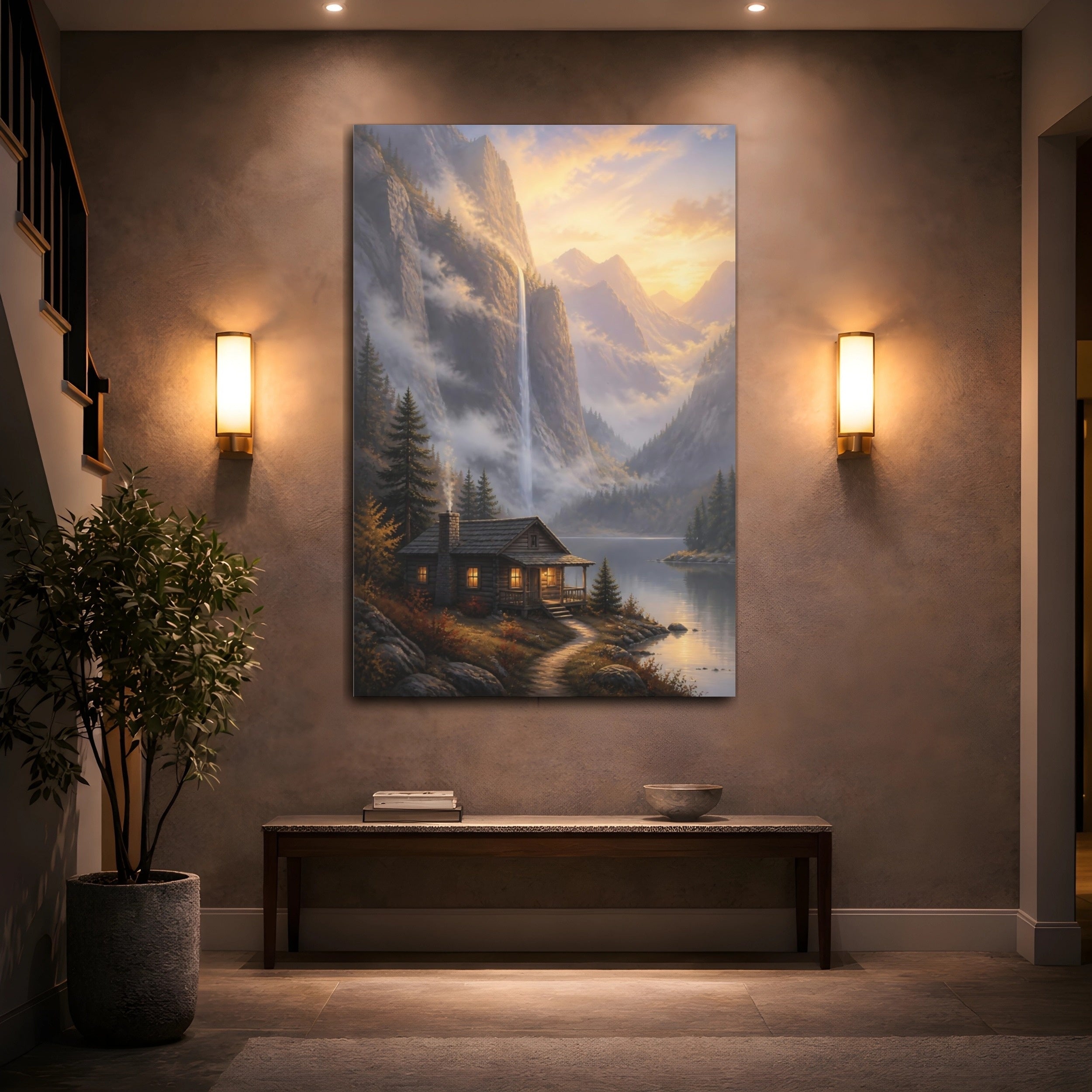 Mockup 2. Nature Mountain Cabin Golden Hour Landscape shown as stretched canvas wall art