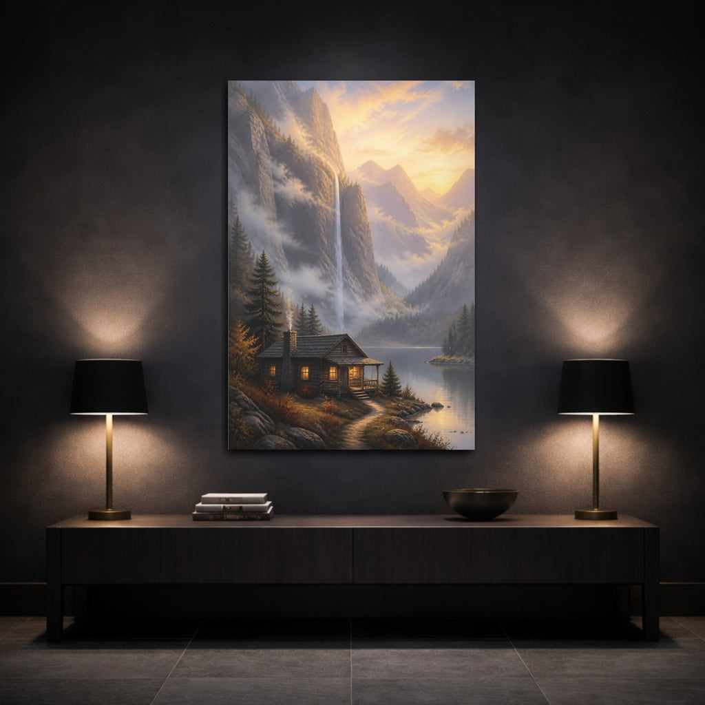 Mockup 3. Nature Mountain Cabin Golden Hour Landscape shown as stretched canvas wall art