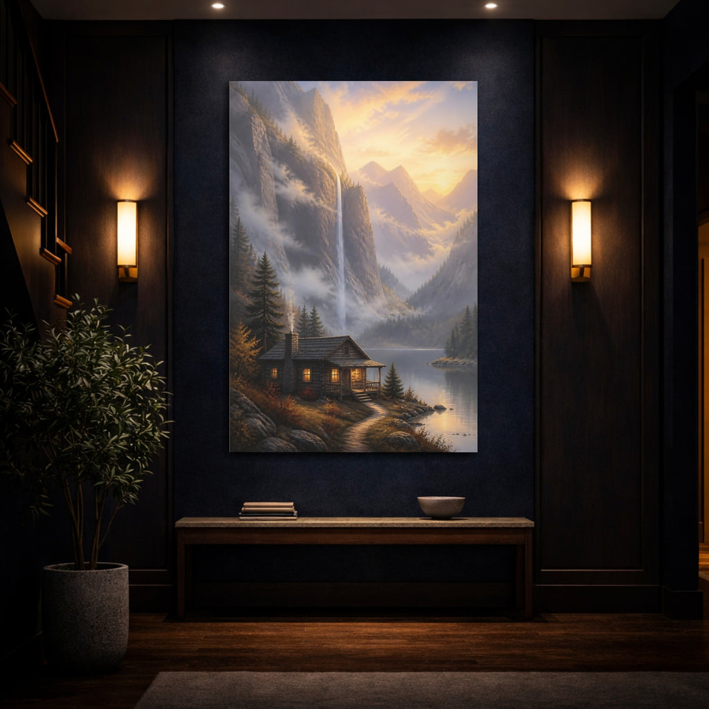 Mockup 4. Nature Mountain Cabin Golden Hour Landscape shown as stretched canvas wall art