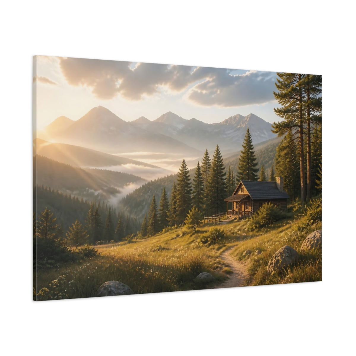 Side Mockup 1. Nature Mountain Cabin Golden Mountain Landscape shown as stretched canvas wall art