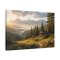 Side Mockup 4. Nature Mountain Cabin Golden Mountain Landscape shown as stretched canvas wall art