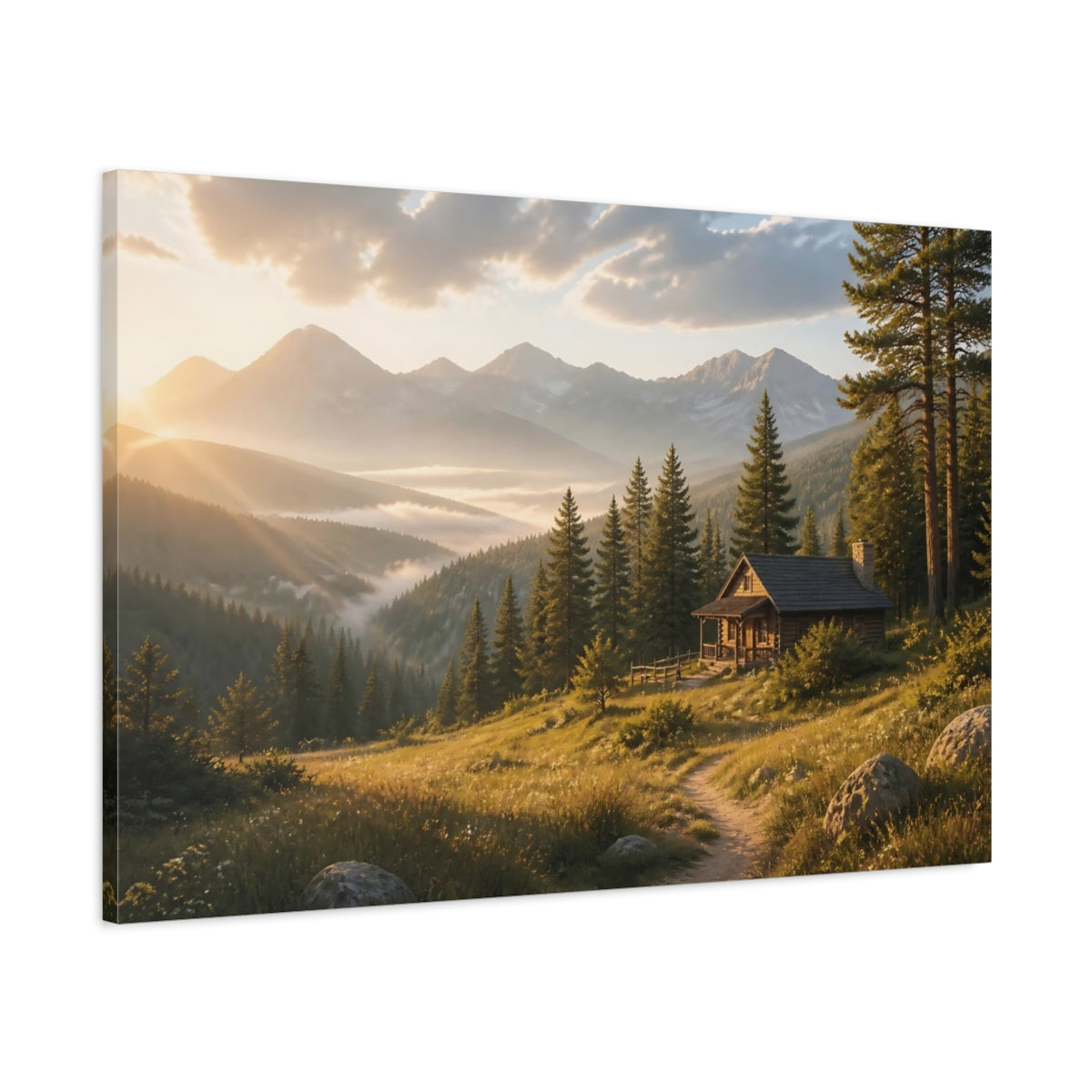 Main Mockup. Nature Mountain Cabin Golden Mountain Landscape shown as stretched canvas wall art