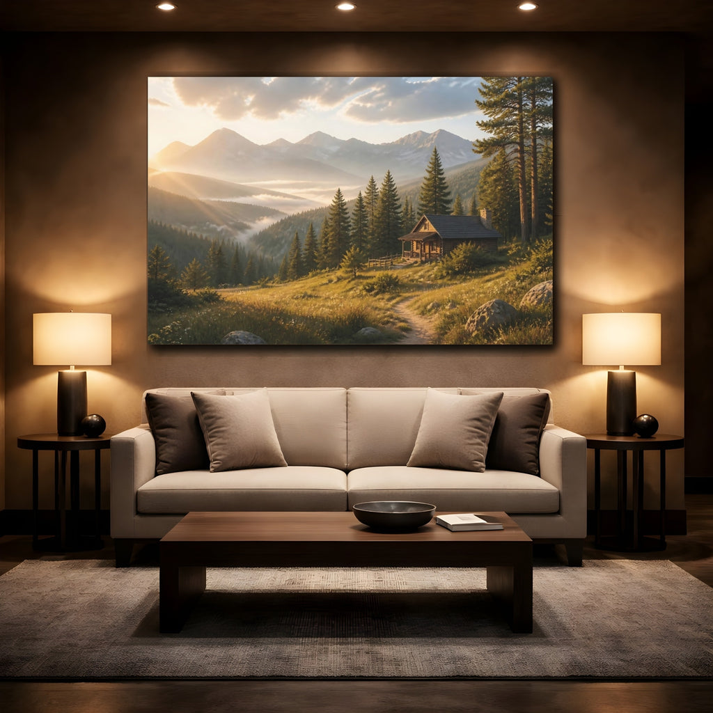 Mockup 2. Nature Mountain Cabin Golden Mountain Landscape shown as stretched canvas wall art
