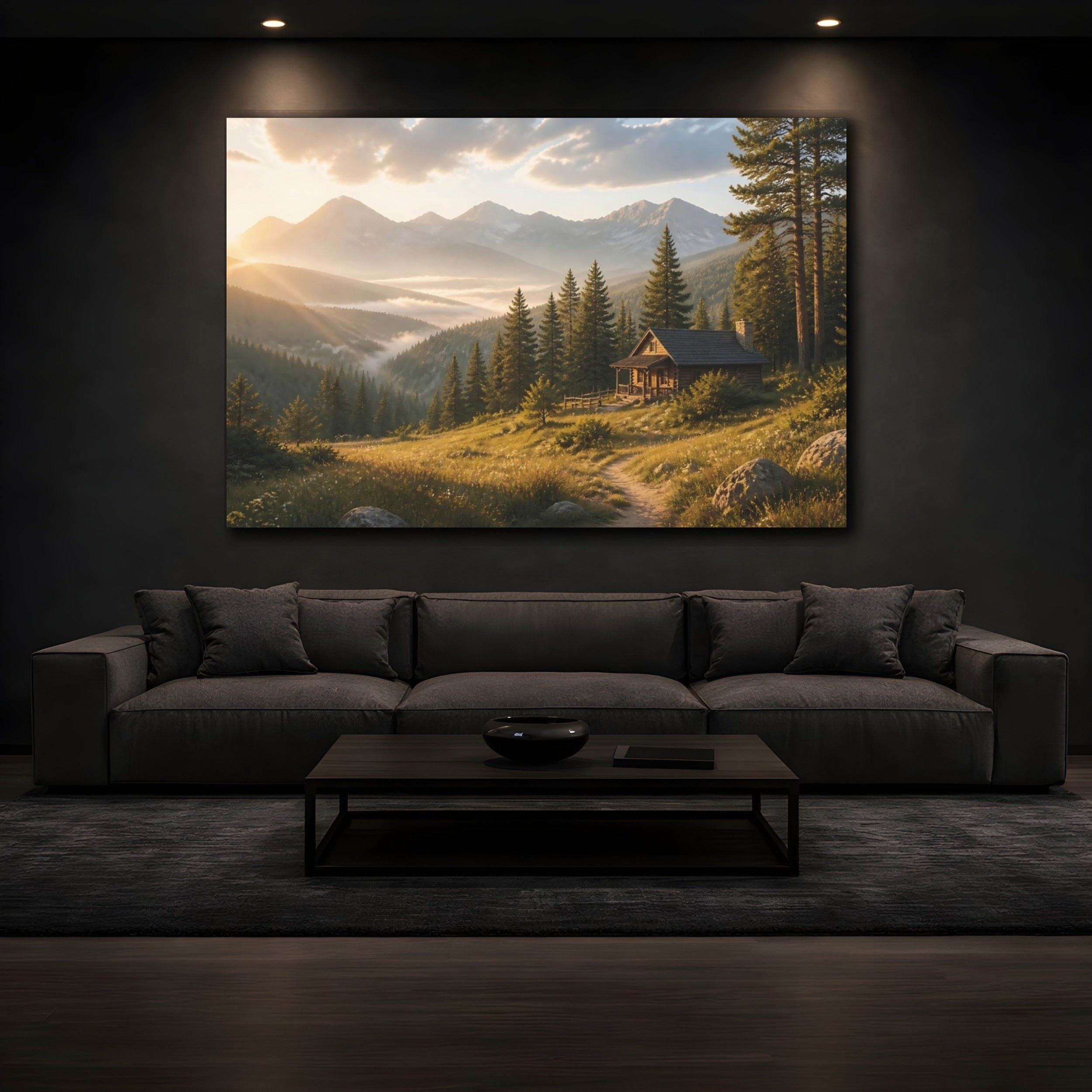 Mockup 3. Nature Mountain Cabin Golden Mountain Landscape shown as stretched canvas wall art