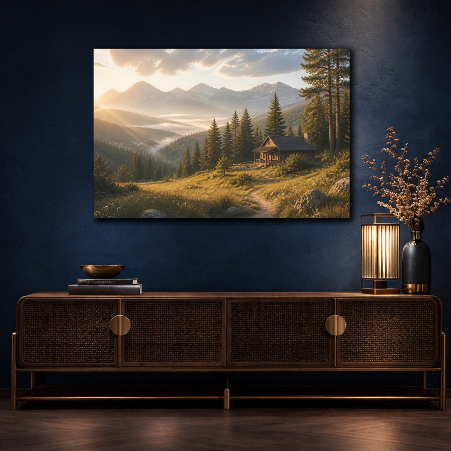 Mockup 4. Nature Mountain Cabin Golden Mountain Landscape shown as stretched canvas wall art
