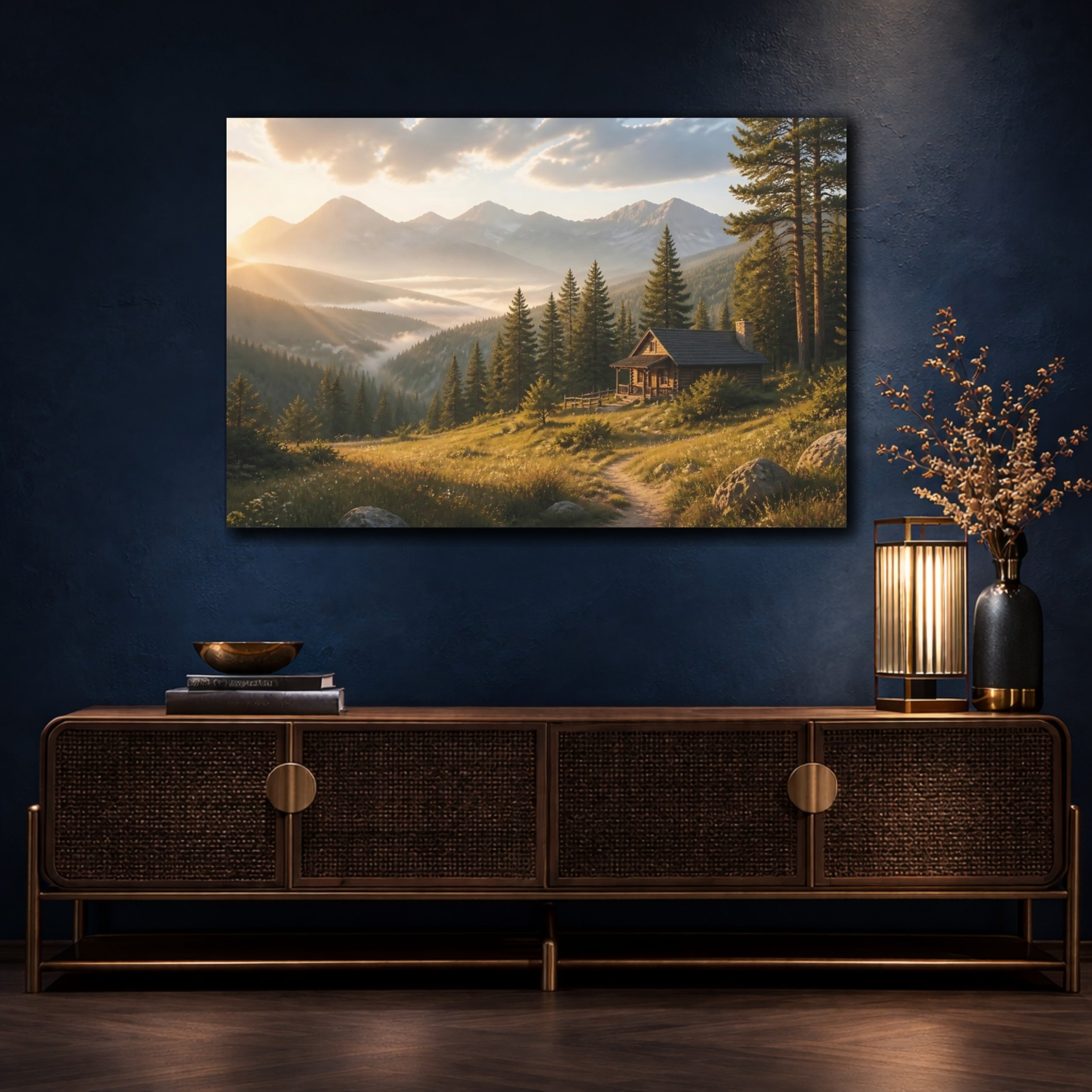 Mockup 4. Nature Mountain Cabin Golden Mountain Landscape shown as stretched canvas wall art