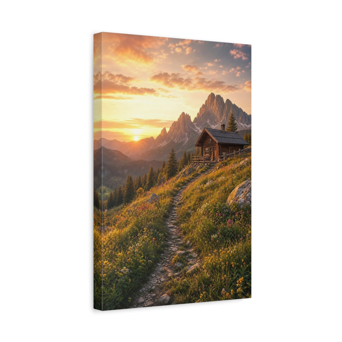 Side Mockup 4. Nature Mountain Cabin Golden Sunset shown as stretched canvas wall art