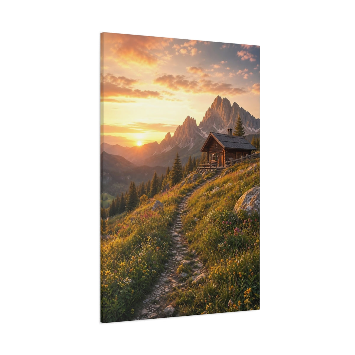 Side Mockup 1. Nature Mountain Cabin Golden Sunset shown as stretched canvas wall art