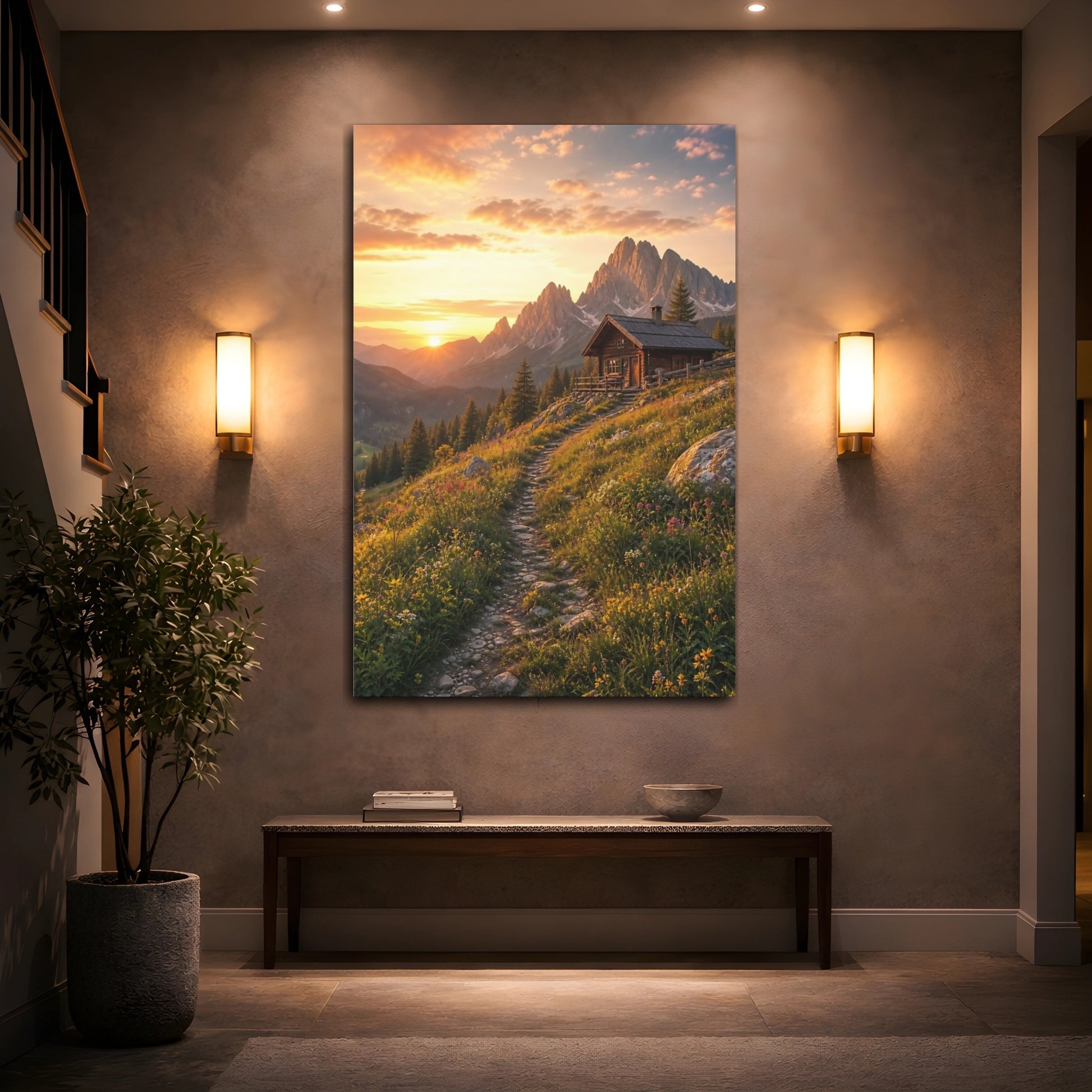 Mockup 2. Nature Mountain Cabin Golden Sunset shown as stretched canvas wall art