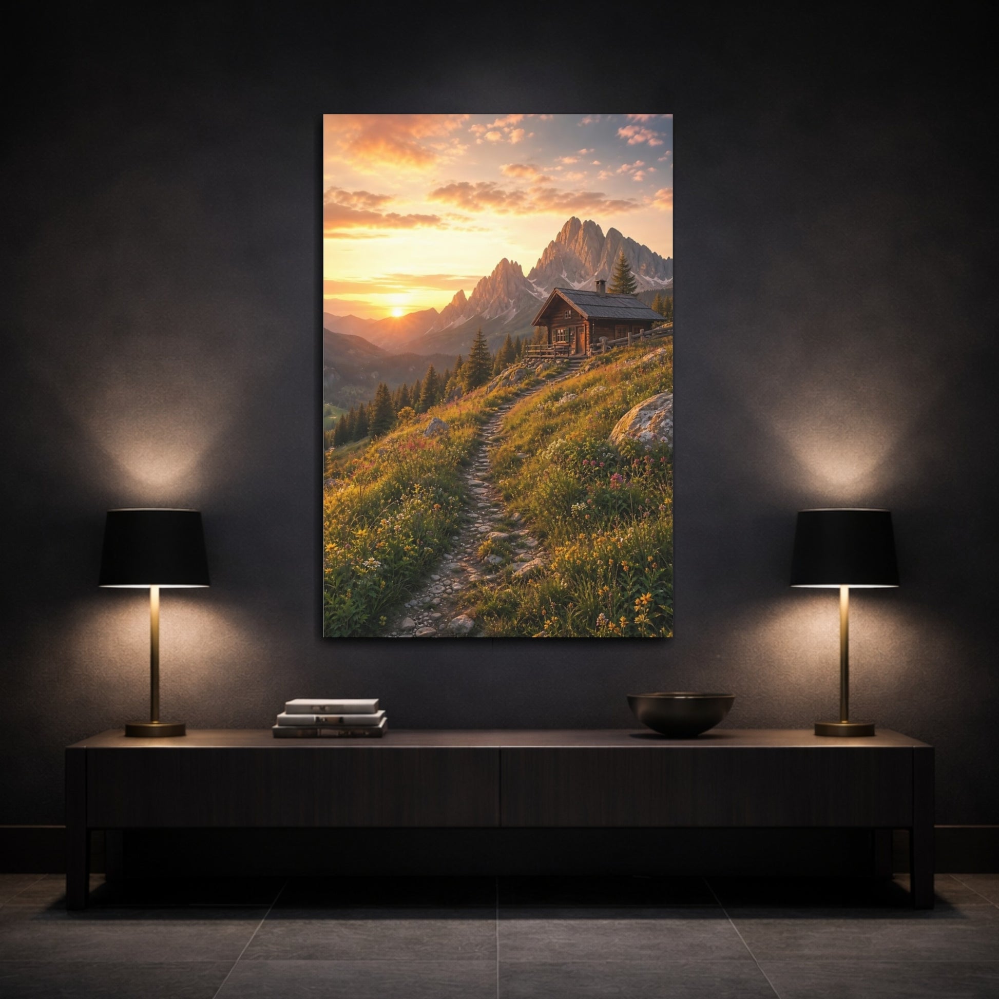 Mockup 3. Nature Mountain Cabin Golden Sunset shown as stretched canvas wall art