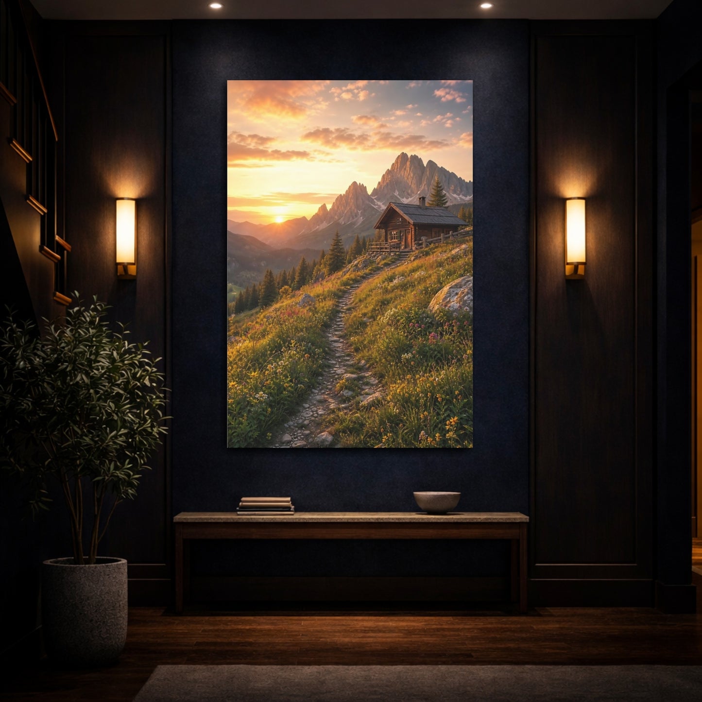 Mockup 4. Nature Mountain Cabin Golden Sunset shown as stretched canvas wall art