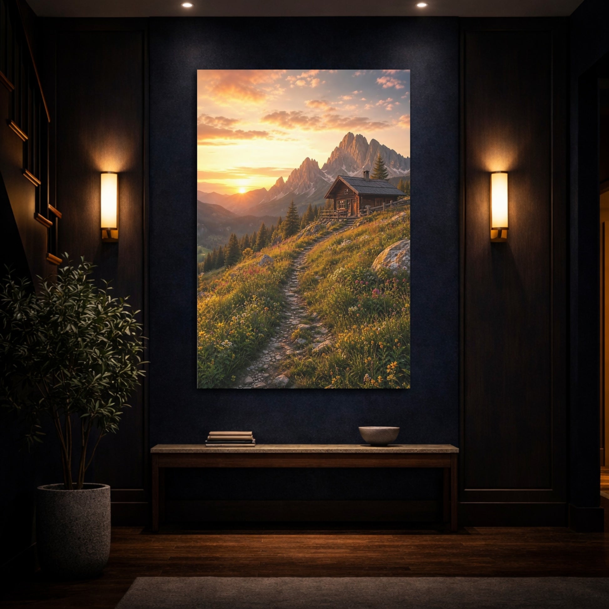Mockup 4. Nature Mountain Cabin Golden Sunset shown as stretched canvas wall art