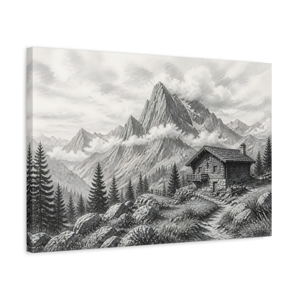 Side Mockup 3. Nature Mountain Cabin Monochrome Mountain shown as stretched canvas wall art