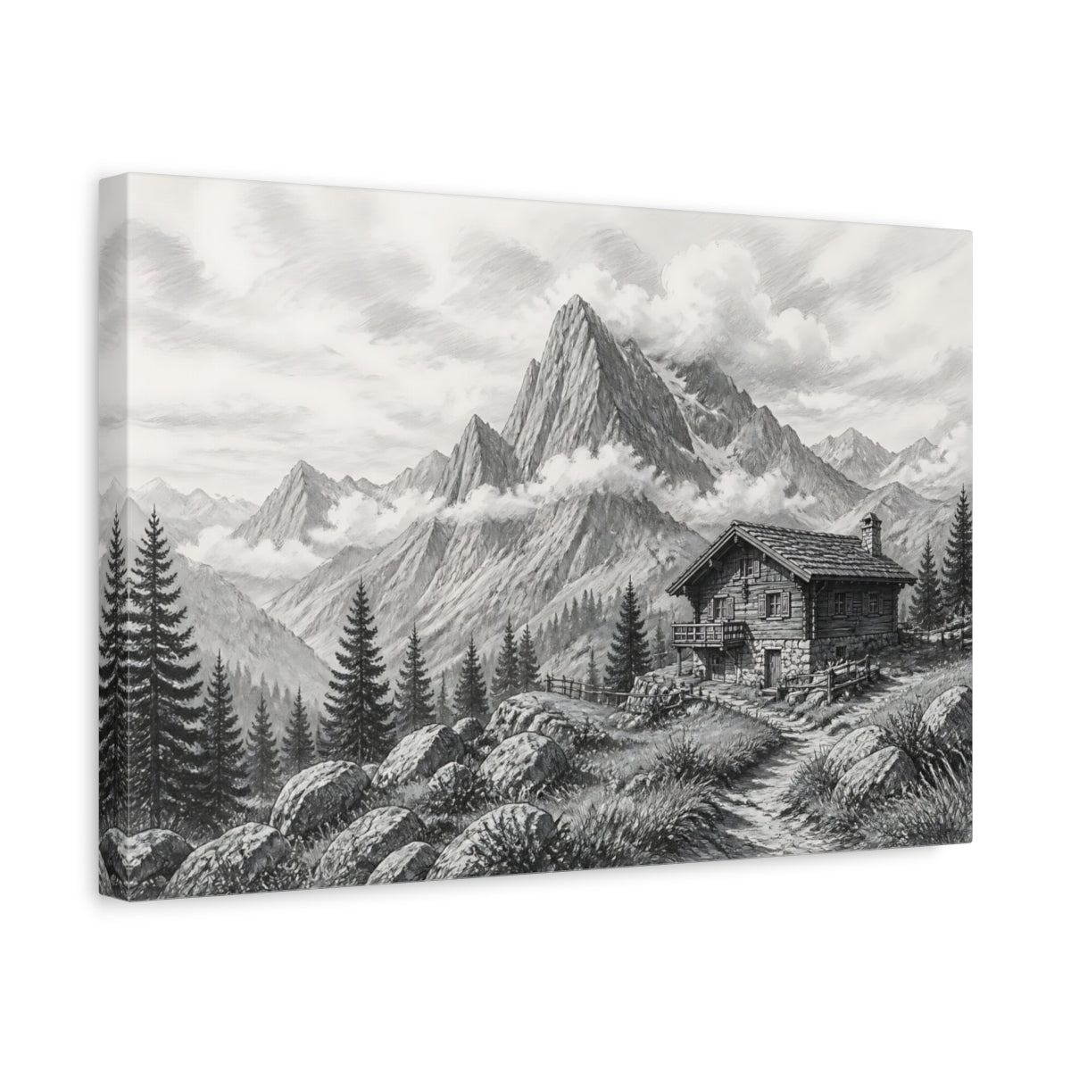 Side Mockup 4. Nature Mountain Cabin Monochrome Mountain shown as stretched canvas wall art