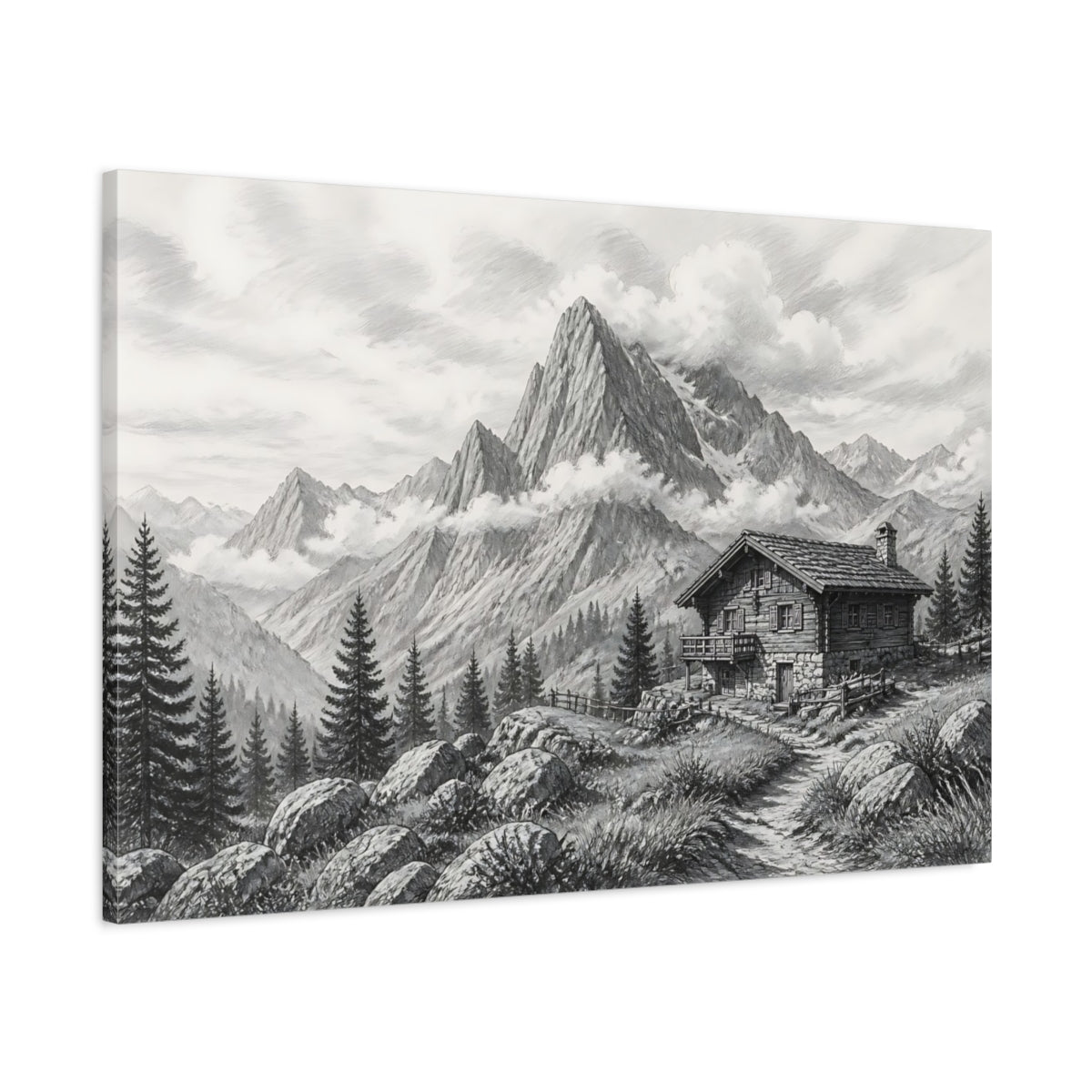 Main Mockup. Nature Mountain Cabin Monochrome Mountain shown as stretched canvas wall art