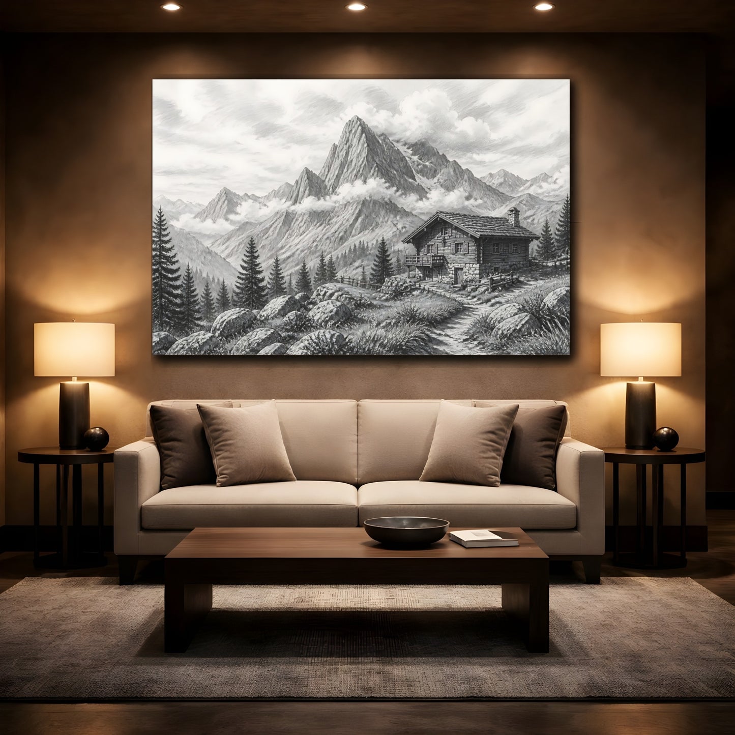 Mockup 2. Nature Mountain Cabin Monochrome Mountain shown as stretched canvas wall art