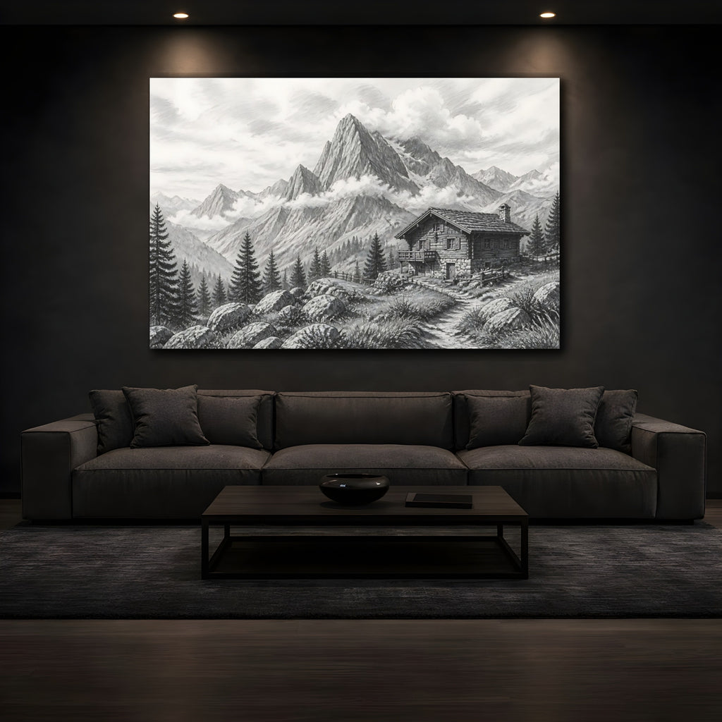 Mockup 3. Nature Mountain Cabin Monochrome Mountain shown as stretched canvas wall art