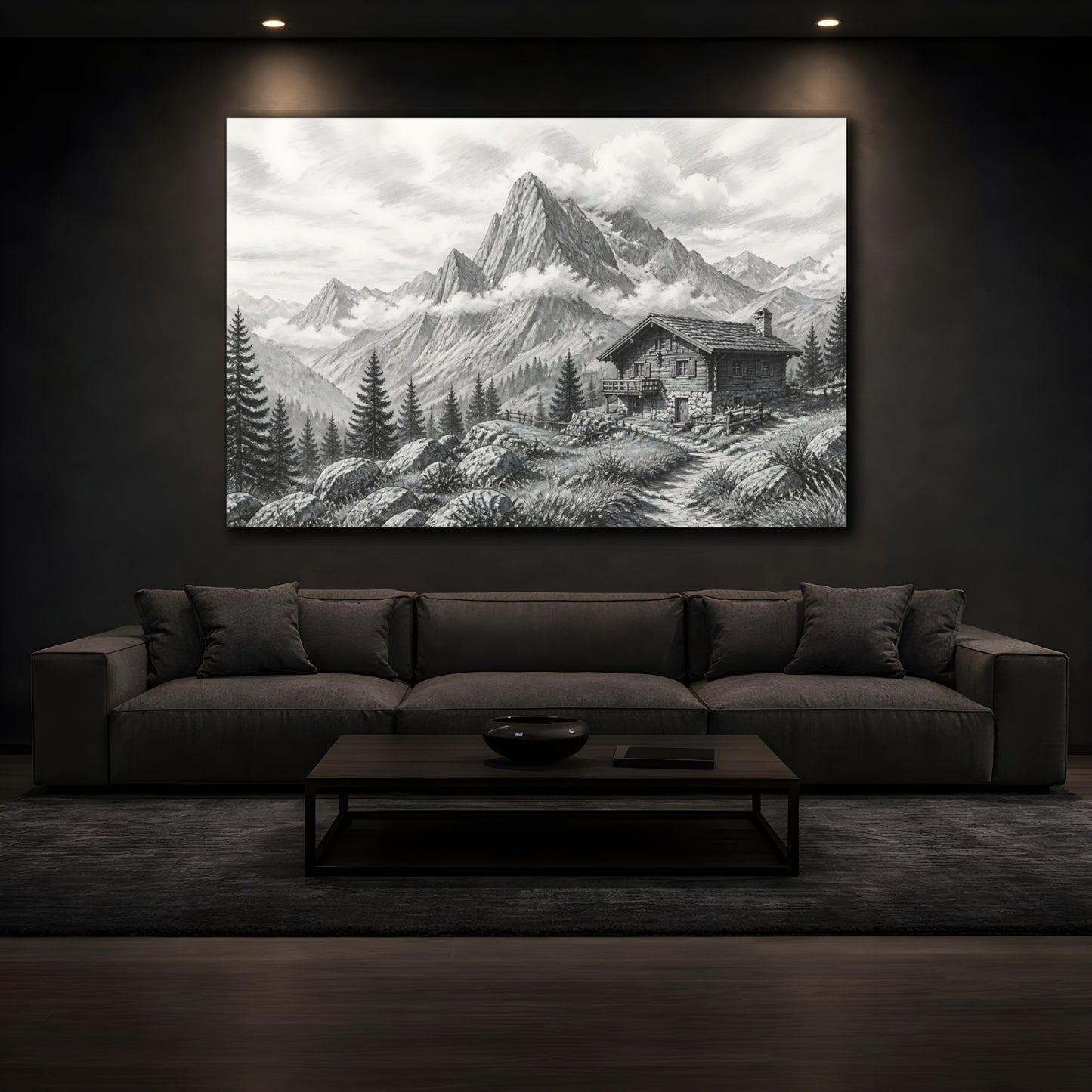 Mockup 3. Nature Mountain Cabin Monochrome Mountain shown as stretched canvas wall art