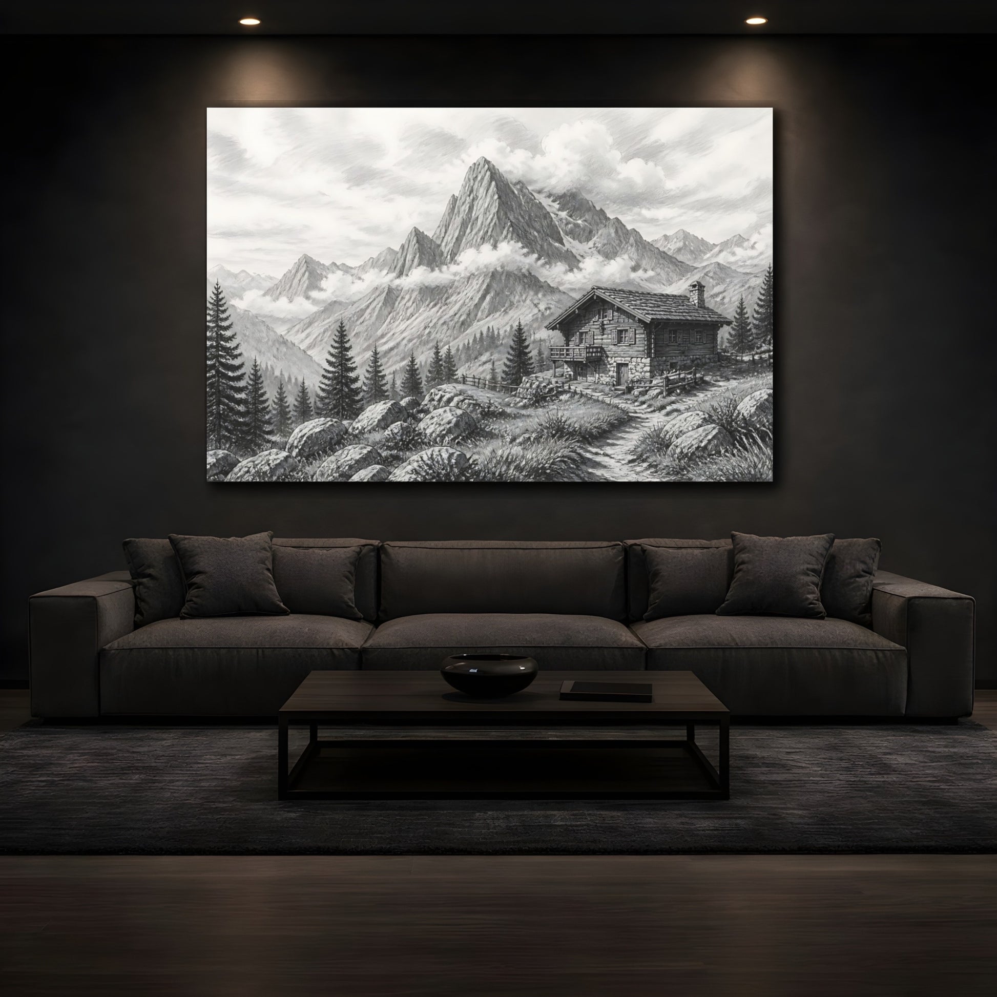 Mockup 3. Nature Mountain Cabin Monochrome Mountain shown as stretched canvas wall art