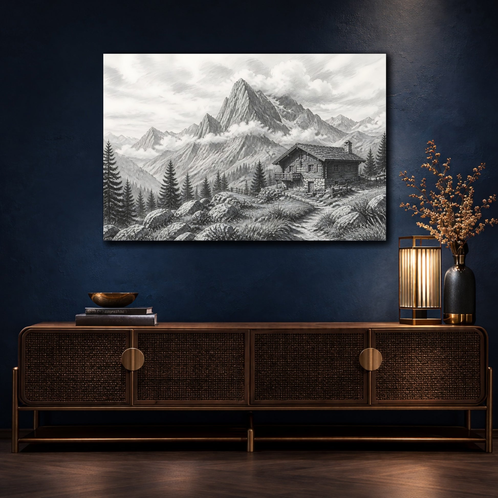 Mockup 4. Nature Mountain Cabin Monochrome Mountain shown as stretched canvas wall art